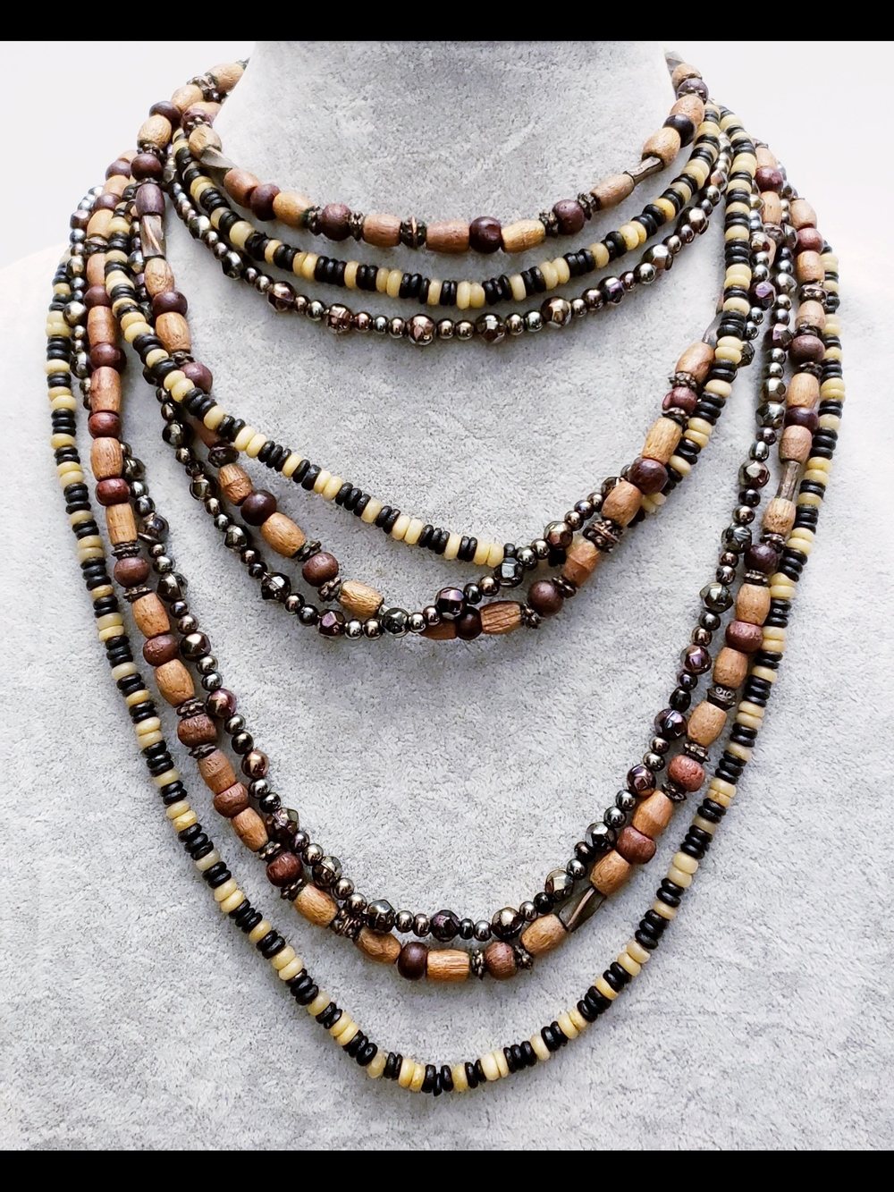 Multi-Strand Brown and Cream Beaded Necklace - Brand